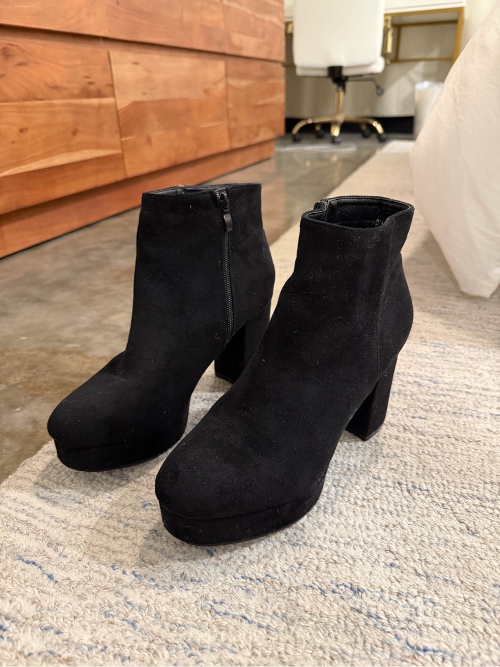 Black Suede Platform Ankle Boots - Women's Stylish Block Heel